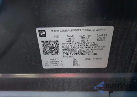 2022 Chevrolet Equinox Fwd Lt from USA, damaged, VIN 2GNAXKEV9N6145348